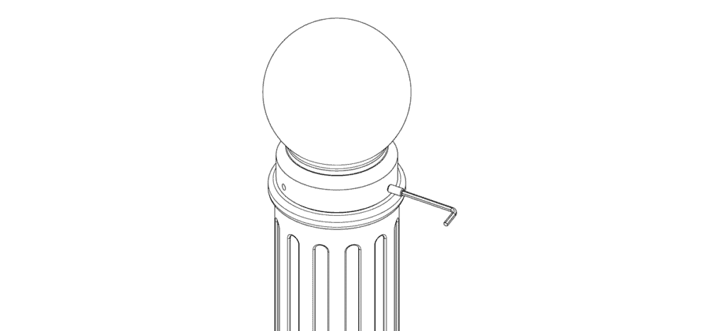 图示显示了系柱盖帽与底座配备三个套装螺钉并用六角键拧紧