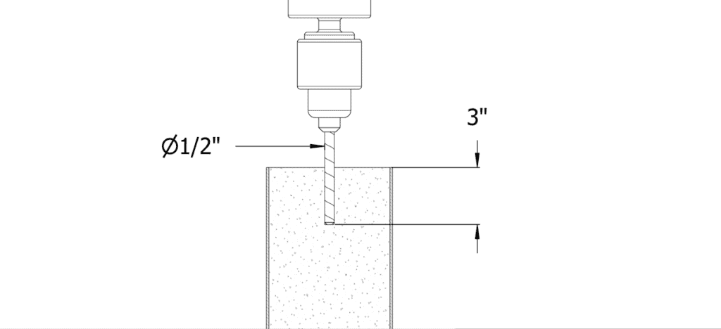 图表显示钻孔钻孔，钻孔，直径为1/2英寸和3英寸深度